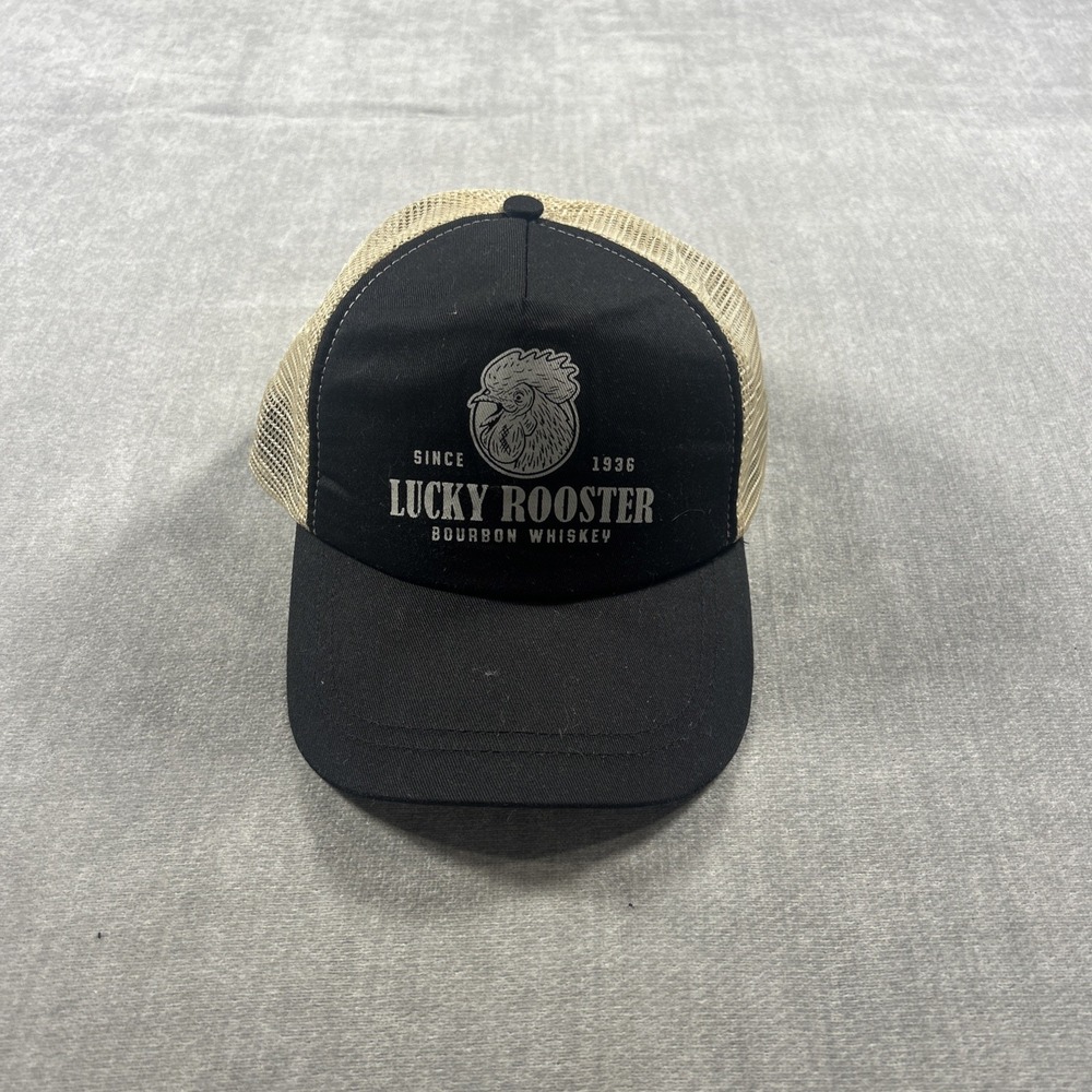 Lucky Rooster Bourbon Whiskey Trucker Snapback Hat Black Tan Adjustable Mens